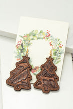 Load image into Gallery viewer, Wood Christmas tree earrings with leather inlay