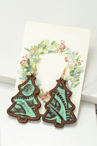 Wood Christmas tree earrings with leather inlay