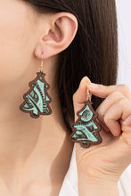 Load image into Gallery viewer, Wood Christmas tree earrings with leather inlay