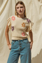 Load image into Gallery viewer, Round Neck Ruffle Sleeve Floral Graphic Knit Top