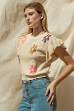 Load image into Gallery viewer, Round Neck Ruffle Sleeve Floral Graphic Knit Top